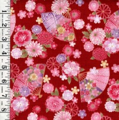 Hishiei Flowers & Floral Fans – Dobby Weave – H-7121-6B – Red – By the Half Yard