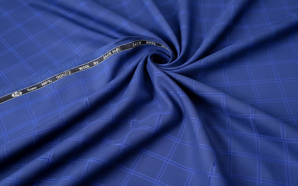 Blue Windowpane Checked Suiting Fabric Cashmere Wool