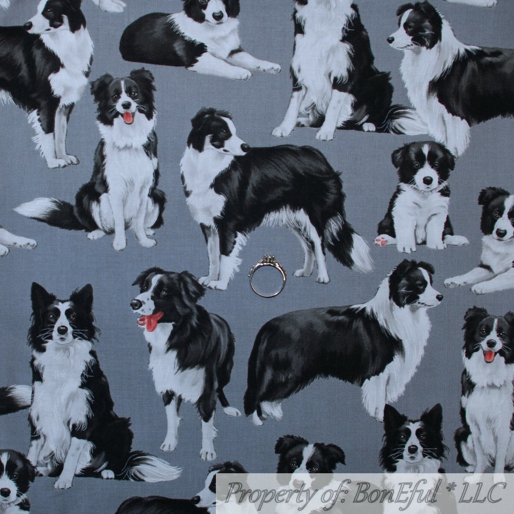 BonEful Fabric FQ Cotton Quilt Black White B&W Border Collie Gray USA Sport Dog