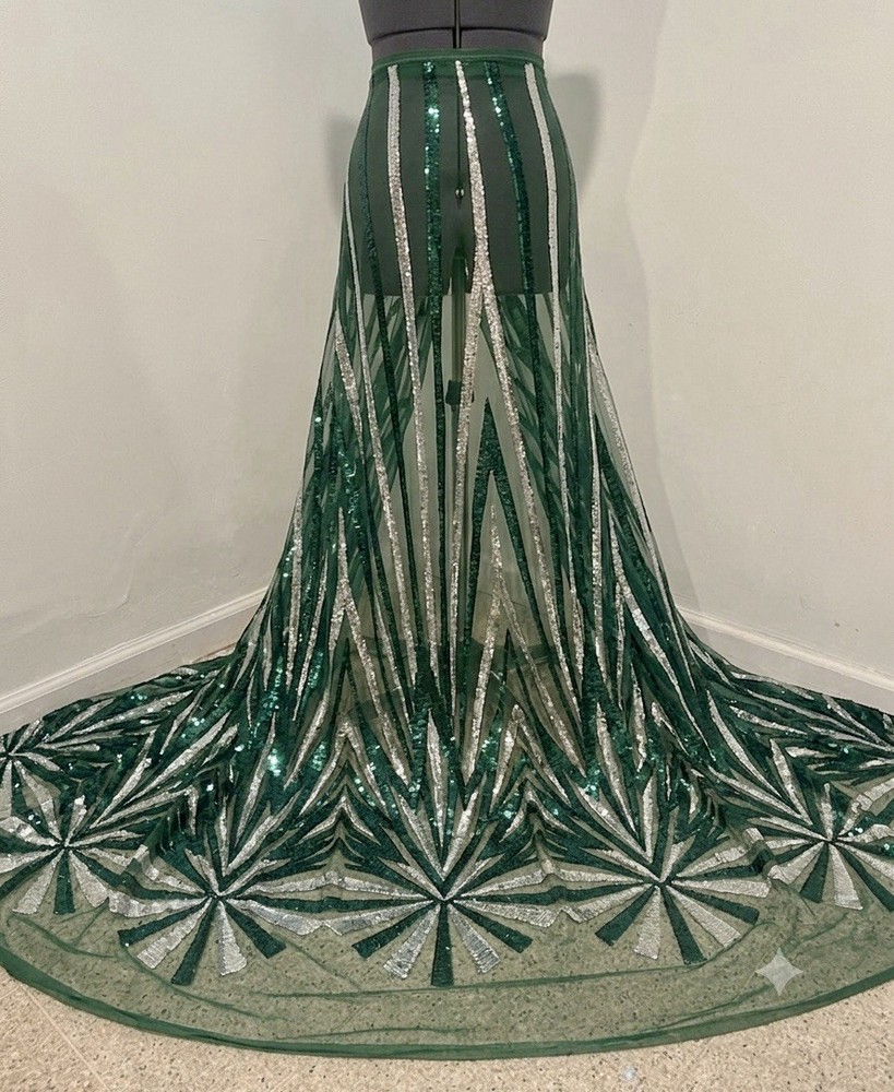 GREEN SILVER Embroidered SEQUINS Lace fabric 50” Width Sold By The Yard