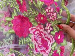“Fuchsia Floral Lace Fabric on White Mesh with Green Leaf Embroidery – Sold by t