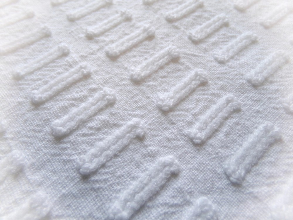 minimalist white vtg chenille bedspread fabric buttonhole design, 18″ x 24″ pc