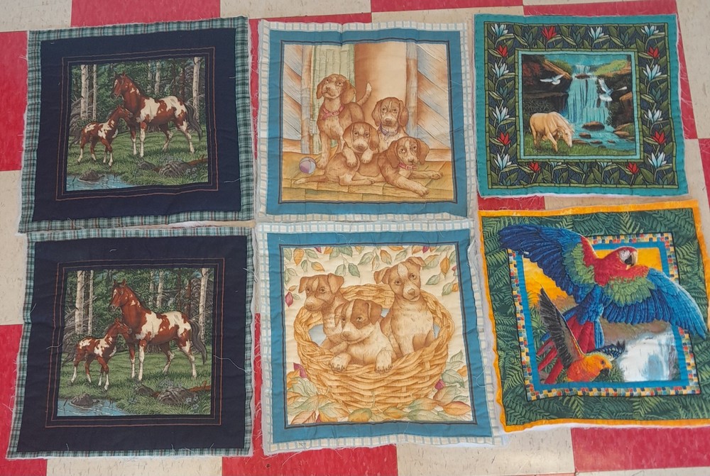 PRINTED PADDED PILLOWS TOPS or QUILT BLOCKS- 17″×17″ LOT OF (6) HORSES PUPPIES