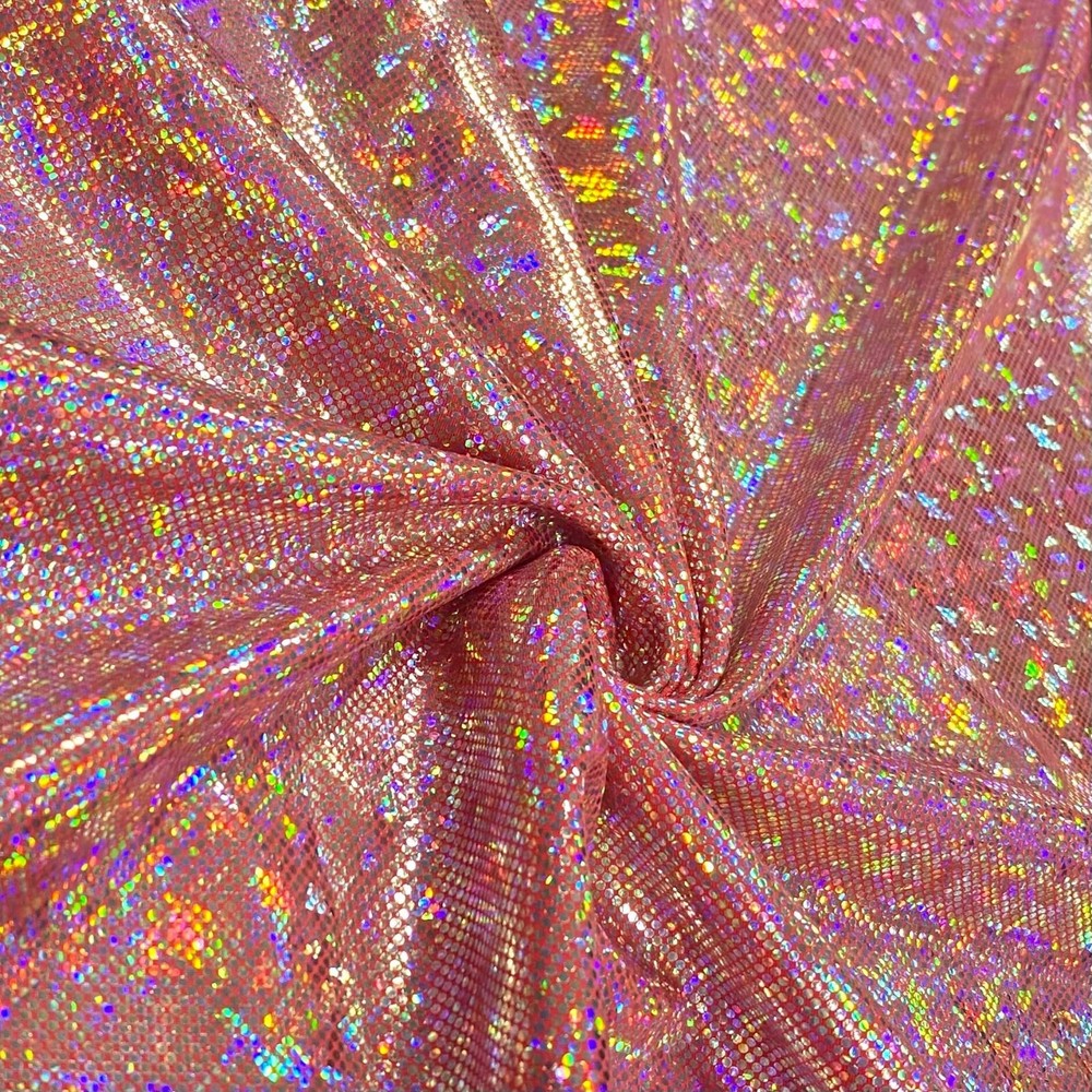 Vibrant Coral Hologram Broken Glass Stretch Spandex by the Yard for Swimwear