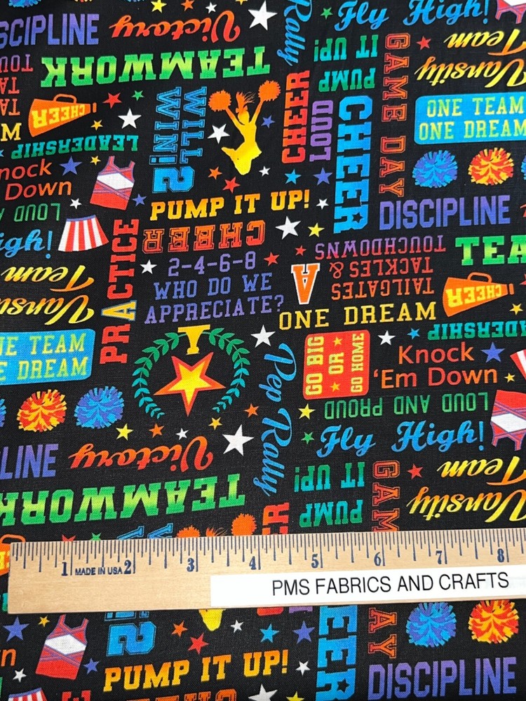 3/4 yard x 44 in Cheerleader Words Text on Black: Cheer Squad Timeless Treasure
