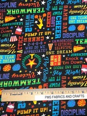 3/4 yard x 44 in Cheerleader Words Text on Black: Cheer Squad Timeless Treasure