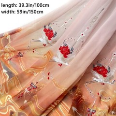 Retro Chiffon Fabric Embroidered Crane Floral Cloth Craft for Hanfu Curtain DIY