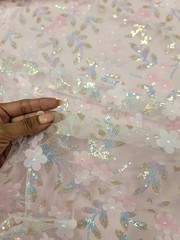 Blush Pink Lace Fabric 3D Floral Iridescent Sequins Embroidery Sold by Yard
