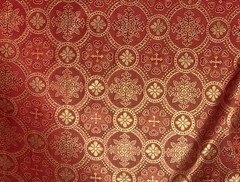 Red Gold Floral Metallic Church Cross Brocade Fabric 60” Width Sold By Yard