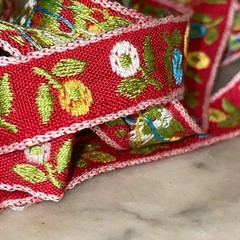 Vintage Red Jacquard Ribbon | 75″ Repeating Flowers | Craft Ethnic European