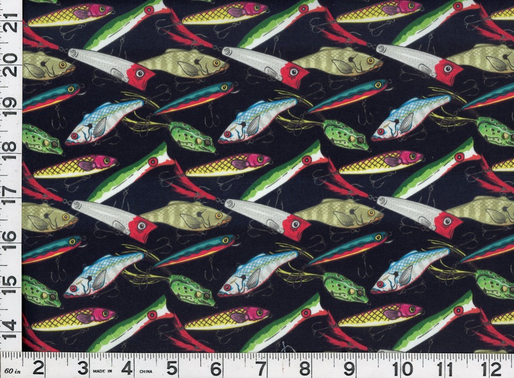 Red Green Silver Fishing Lures on Black Quilting Sewing Fabric by Yard #873 DP