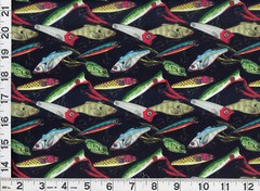 Red Green Silver Fishing Lures on Black Quilting Sewing Fabric by Yard #873 DP