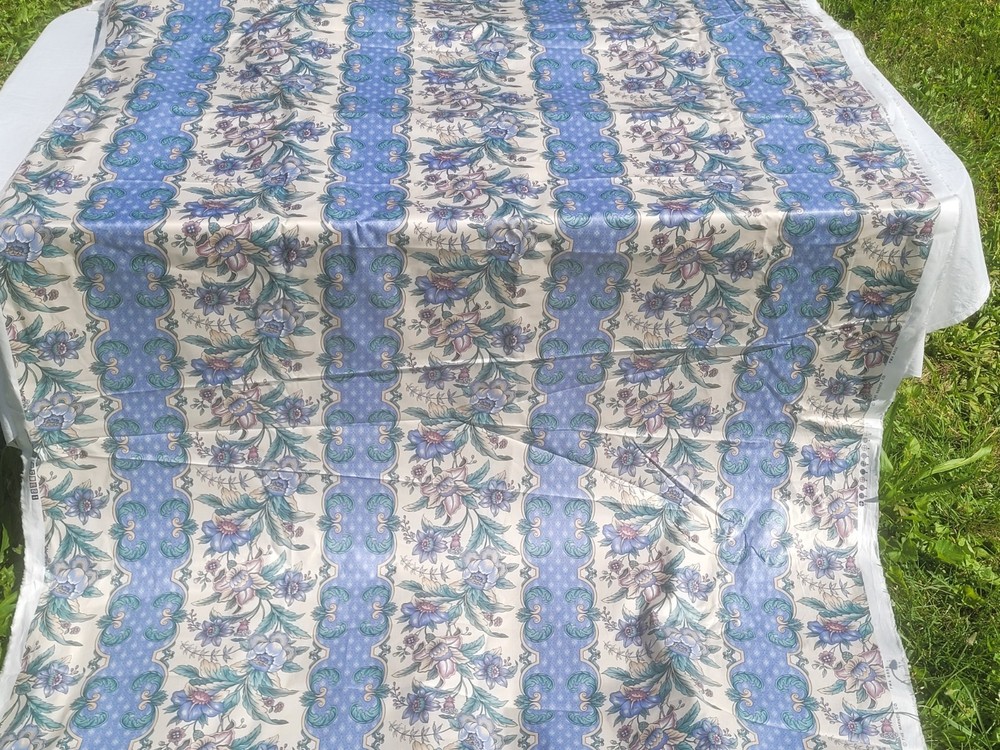 6 yds VTG The Warner Co Drapery Fabric Striped Flowers Blue Green Violet 60″W