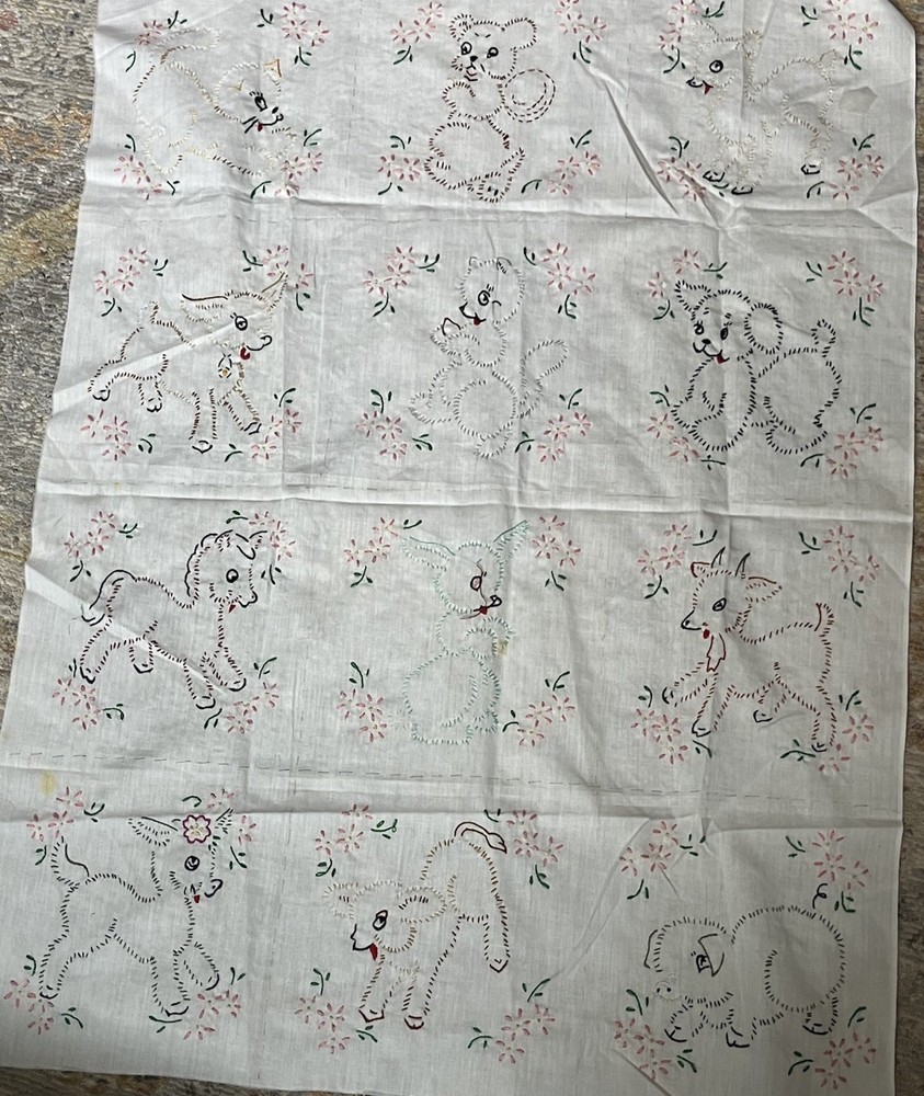 Hand Embroidered Panels 10 6″x8″ Chick Duck Cat Rabbit Dog Etc