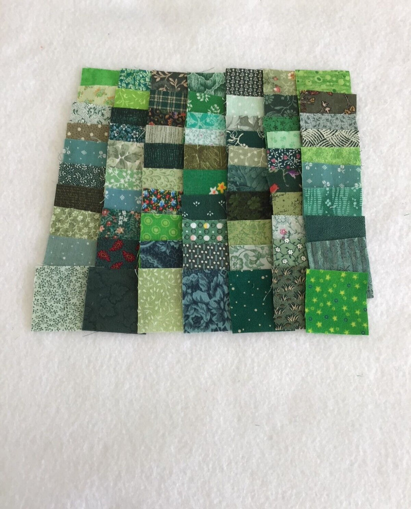 50 DIFFERENT GREEN 1 1/2-INCH CALICO FABRIC QUILT SQUARES – MANY VINTAGE