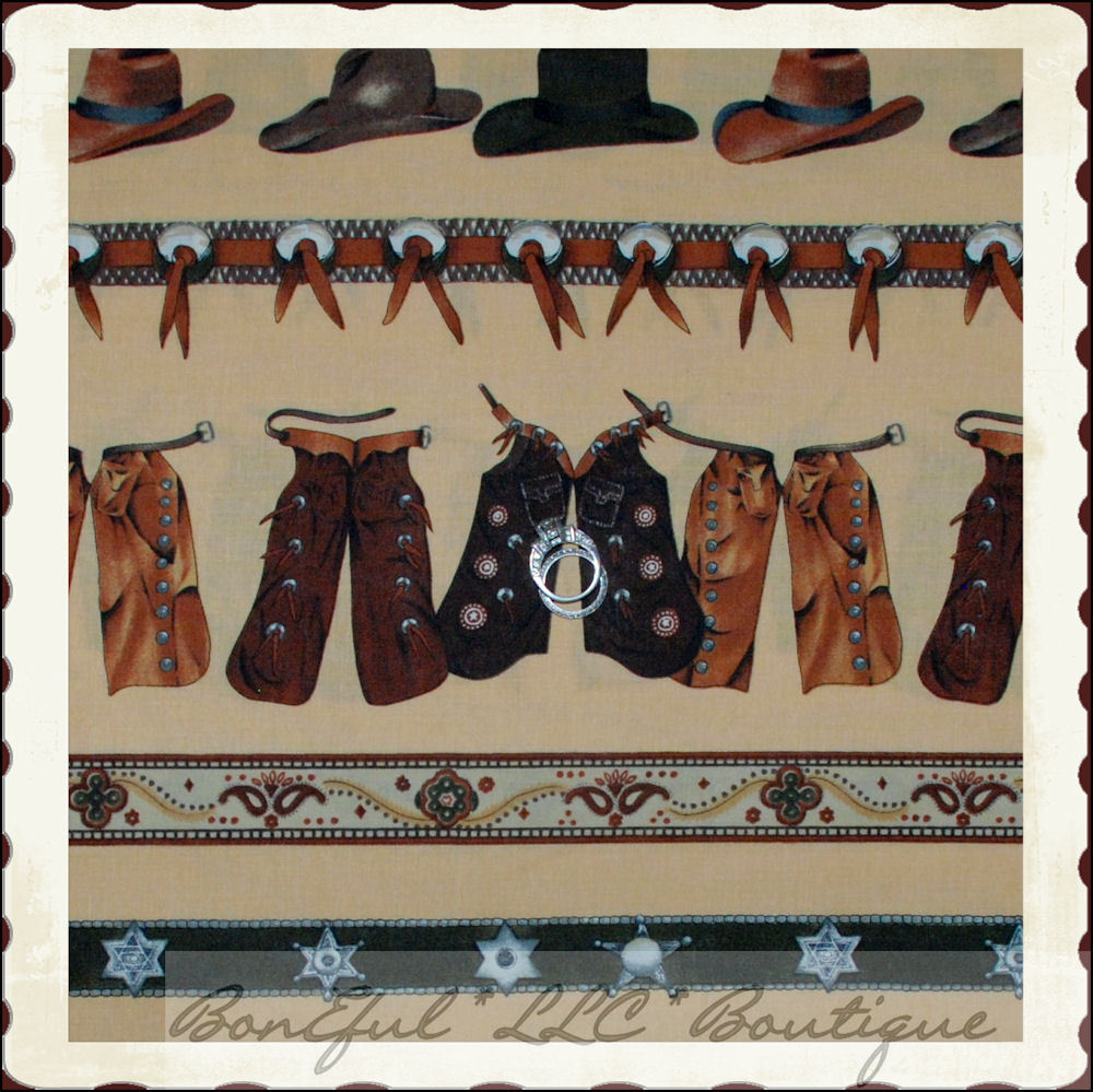 BonEful Fabric FQ Cotton Quilt Brown VTG Antique Texas Boot Hat Stripe Holiday S