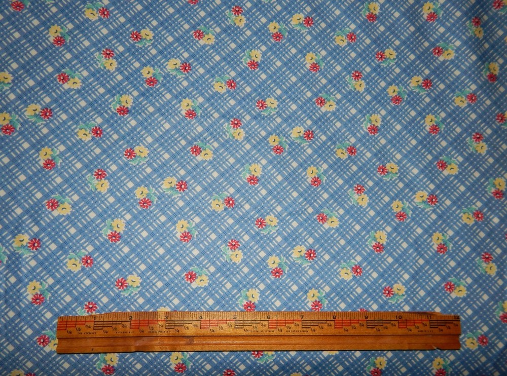 blue 1930s feed sack reproduction floral fabric Apron Strings Chloe’s Closet BTY