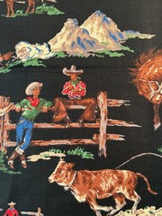 Fabric – Rare Vintage “ROUNDUP” Cowboy By MODA BARKCLOTH Black BTY 36” L x 54″ W