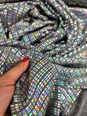 Iridescent Hologram Silver Rectangle Sequins Spandex Mermaid Stretch Fabric BTY