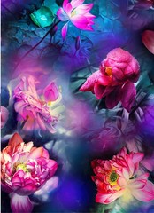 55” Wide Digitally Print Lotus Floral Viscose Fabric Dress Material Rayon