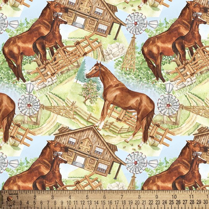 Cotton Farm Horses Farms Barns Fences Multicolor Fabric Print by Yard D367.76