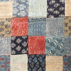 2.75 YDS Vintage Cotton Fabric Cheater Quilt Patchwork Blocks Blue Red Khaki