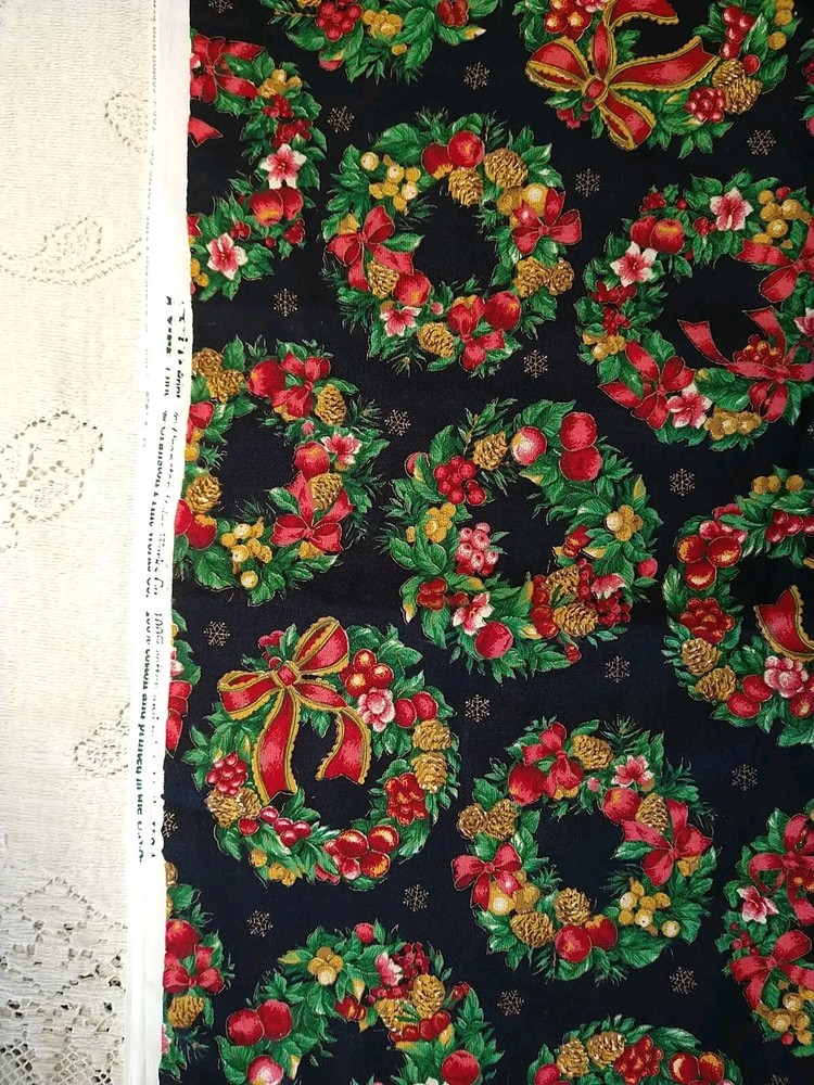 Christmas Wreaths Black Gold Snowflakes Cranston Cotton Fabric BTFQ 18×22 Holly