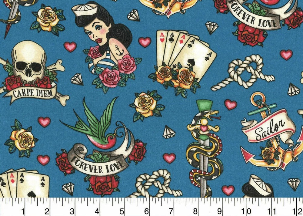 Tina SCRAP 9″x21″ Snake Sailor Rose Skull Heart Pinup Tatoo Cotton Fabric