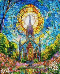 36″ Fabric Panel | Henry Glass Faith in Full Color Church Stained Glass Scene
