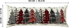 Watercolor Red and Black Buffalo Plaid Christmas Trees Long Lumbar Pillow Cover