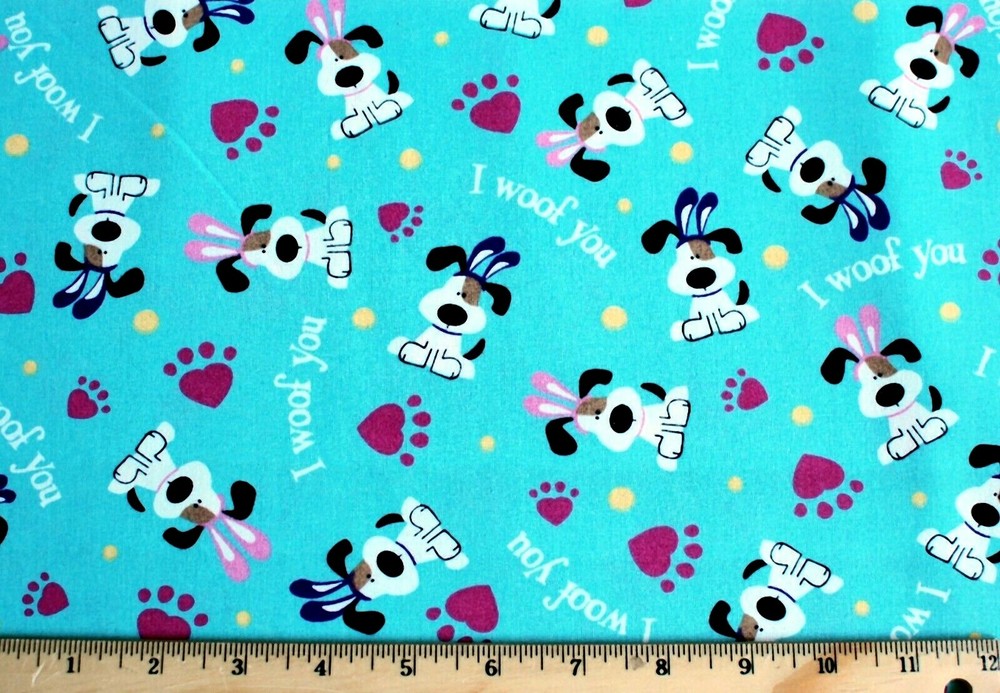 BTY*FACE MASKS*I WOOF YOU DOG & PAW PRINTS ON TURQUOISE 100% COTTON FABRIC 44X36