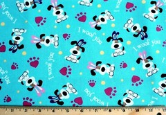 BTY*FACE MASKS*I WOOF YOU DOG & PAW PRINTS ON TURQUOISE 100% COTTON FABRIC 44X36
