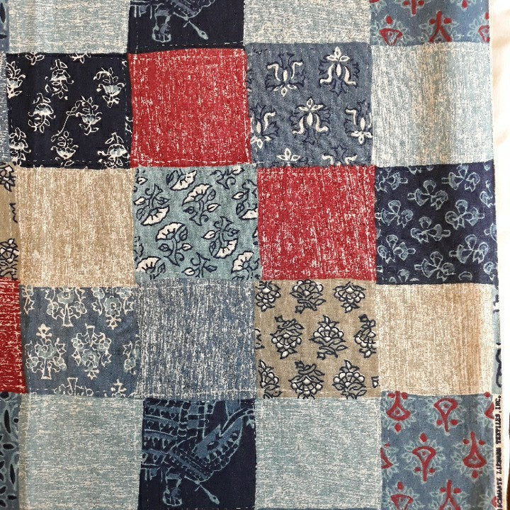 2.75 YDS Vintage Cotton Fabric Cheater Quilt Patchwork Blocks Blue Red Khaki