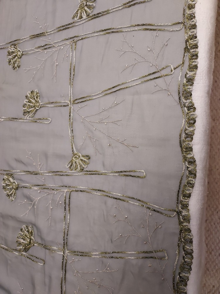 Embroidered Chiffon Fabric With Silver Mettalic Thread