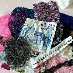 Fabric Lace Scrap Bundle Junk Journal, Slow Stitch Vintage Sewing Cotton Linen