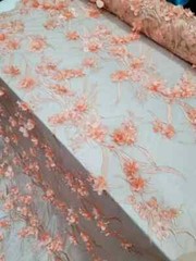 “Dusty Rose 3D Floral Beaded Lace Fabric – Sold by the Yard, Ideal for Prom and