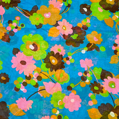 Vintage Retro VIP Fabric Pink Blue Green Mod Floral Semi Sheer 2 Panels 44×58”