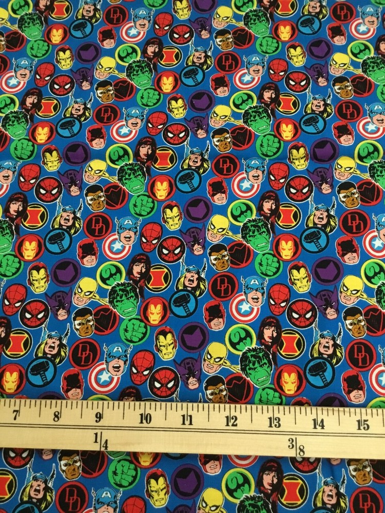 Licensed Marvel Cotton Fabric – Super Hero Stickers on blue background – 1/2 yd