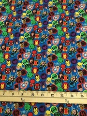 Licensed Marvel Cotton Fabric – Super Hero Stickers on blue background – 1/2 yd