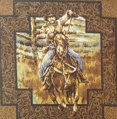 “Rodeo – Roping Event”~ Horse, Cowboy ~ Cotton Fabric Panel ~ 16.75″x17”