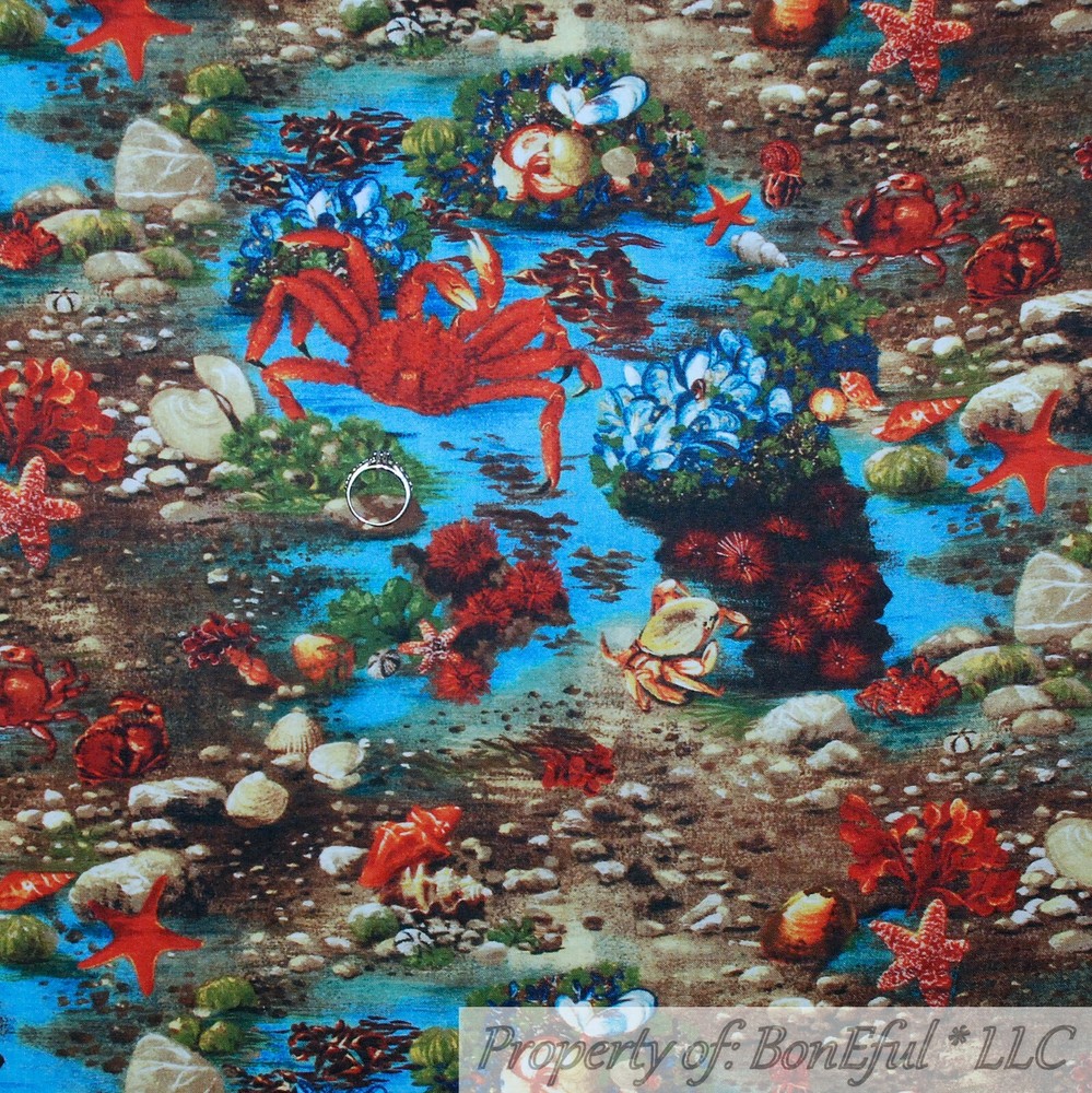 BonEful Fabric FQ Cotton Quilt Aqua Blue Water Sea Creature Crab Fish Scenic Dot