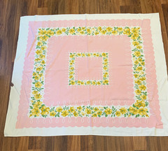 Vintage Floral Linen Tablecloth Pink White Green Gold Rectangular 52×46.5 CUTTER