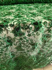 ´´Emerald Green Lace Fabric with Butterflies, Sequins, and Mesh for Dresses and