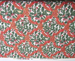 Christmas Holiday Cotton Fabric Red Ribbons with Green Holly 42″ wide 40″ long