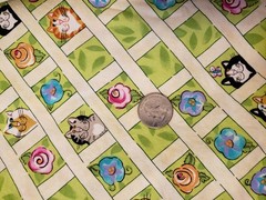 Cotton Fabric 40″ x 35″ Catzilla Cats Grid Green Flowers In The Beginning
