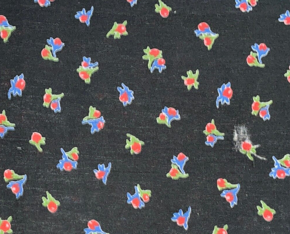 By 1/2 Yd Vintage Red Blue Green Flower Buds on Black Floral Cotton Fabric BTHY