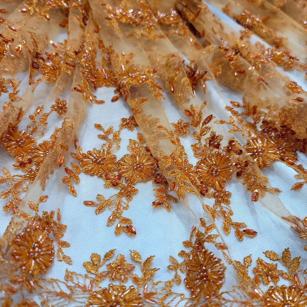 Orange Embroidery Beaded Lace Fabric Sold By The Yard Floral Flowers Scallops