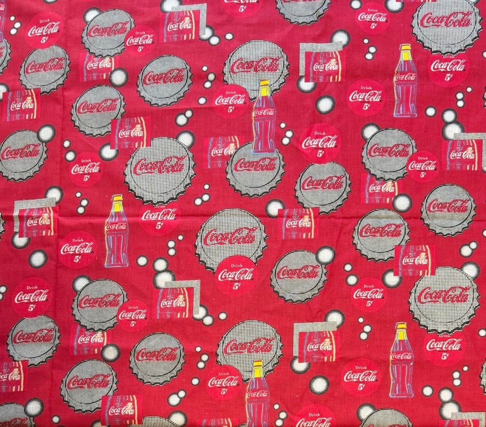 Coca Cola Fabric Glass Bottles 5¢ Caps 3 Yards x 44″