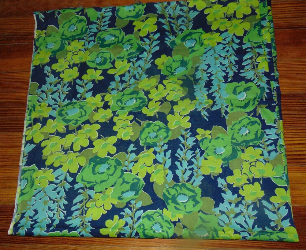 Fabric Remnant Klopman Mills 1970 Blue Green Floral 2 Yards 44 Inches Wide