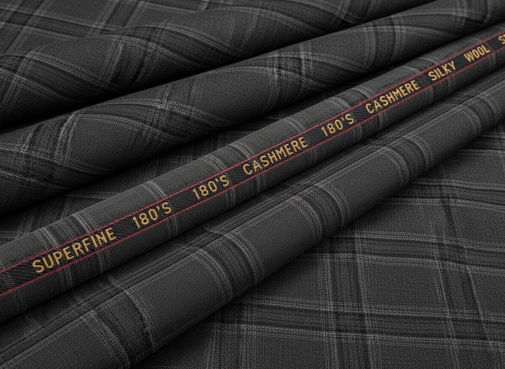 Gray Checked Windowpane Plaid Suiting Fabric Cashmere Wool